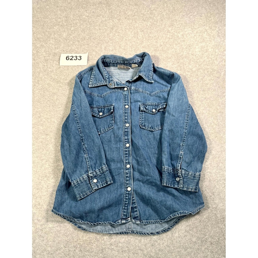 At Last Classics Western Shirt Womens M Blue Denim Cotton Collared Pearl Snap